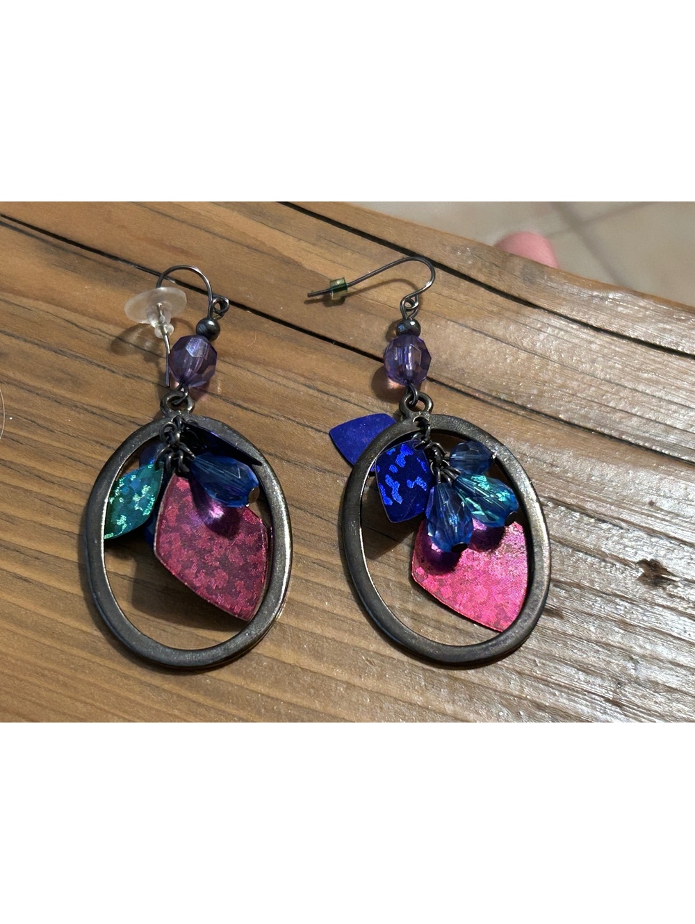 Colorful Leaf Dangle Hoop Earrings with Purple Beads